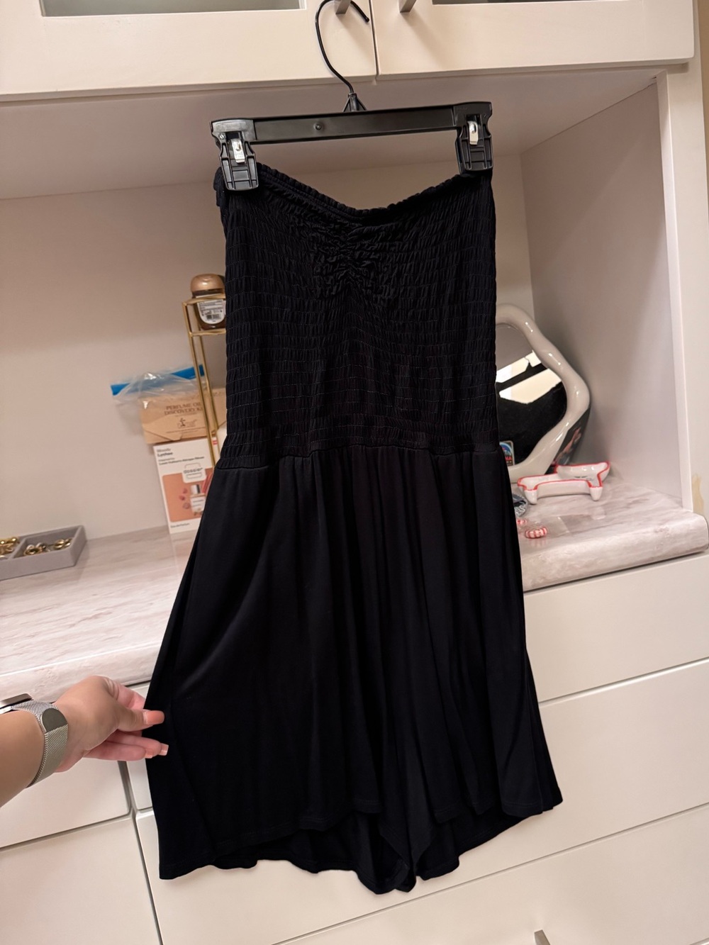 Aerie strapless black mini dress with ruched detailing with pockets